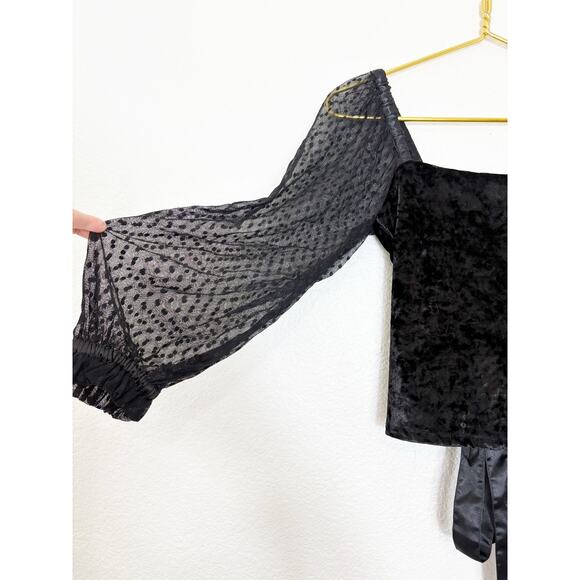 Anthropologie Porridge Black Velvet Lace Up Back Top Small Swiss Dot Puff Sleeve - Picture 8 of 12